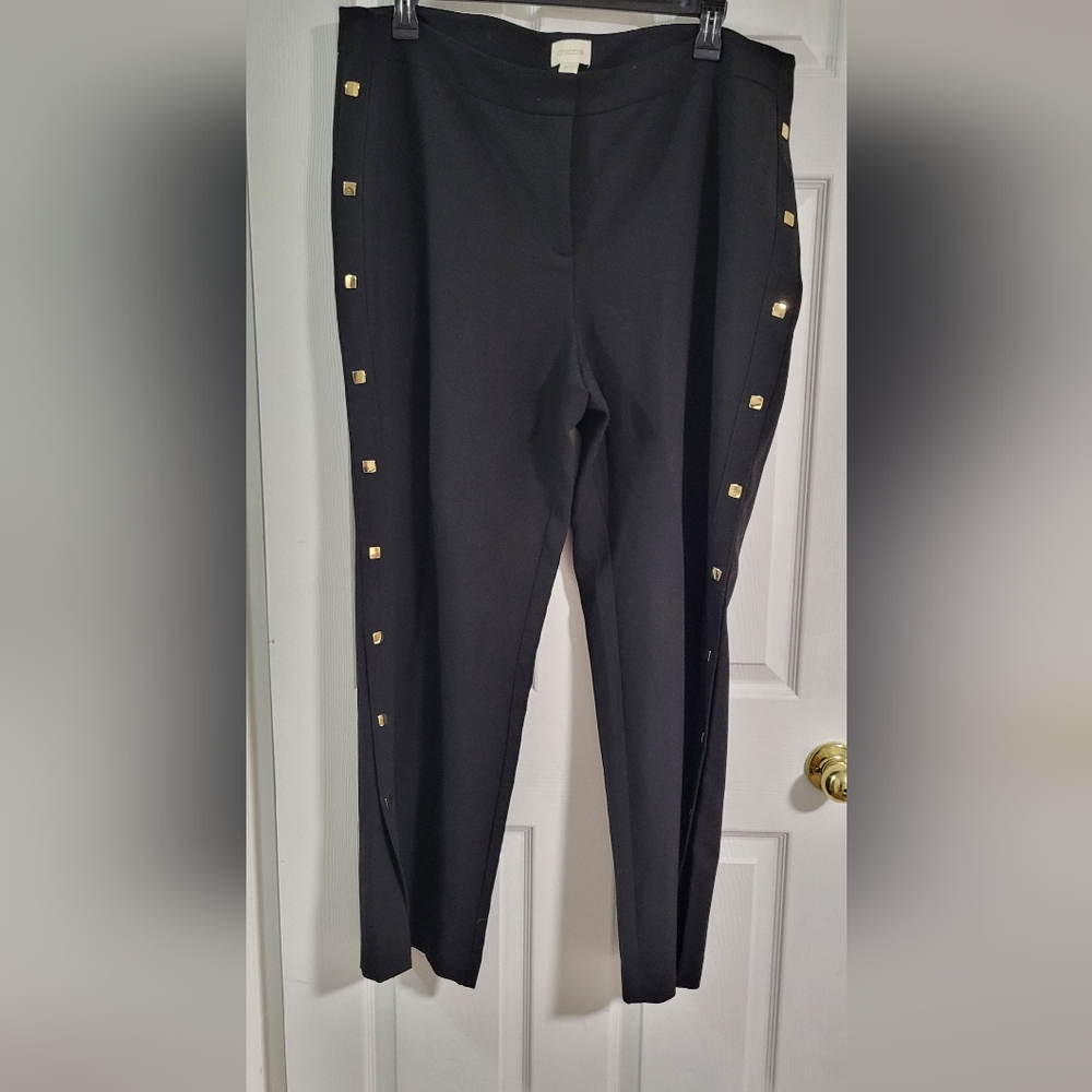 Chicos Black Pants With Fancy Gold Emblems.